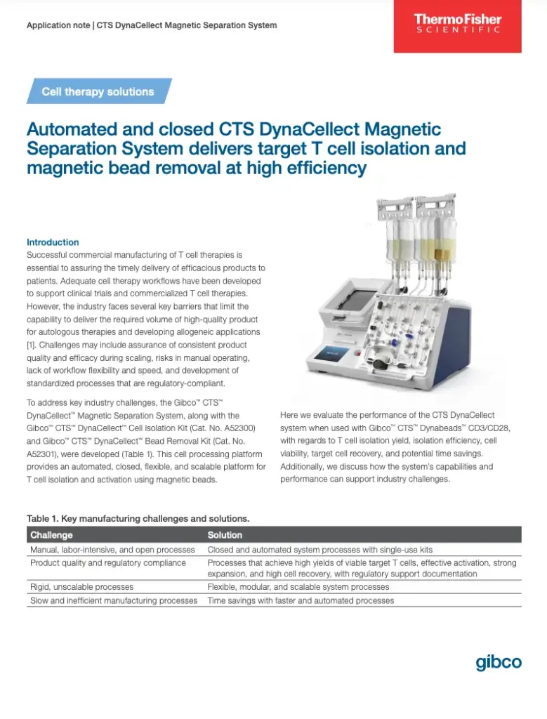 Automated and closed CTS DynaCellect Magnetic Separation System delivers target T cell isolation and magnetic bead removal at high efficiency