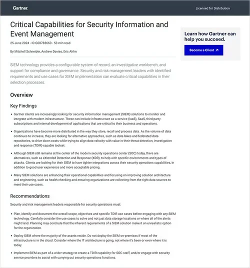 2024 Gartner® Critical Capabilities for Security Information and Event Management