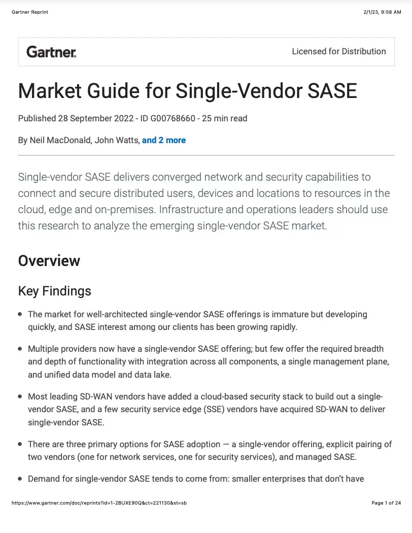 Gartner Single Vendor SASE Analyst Report