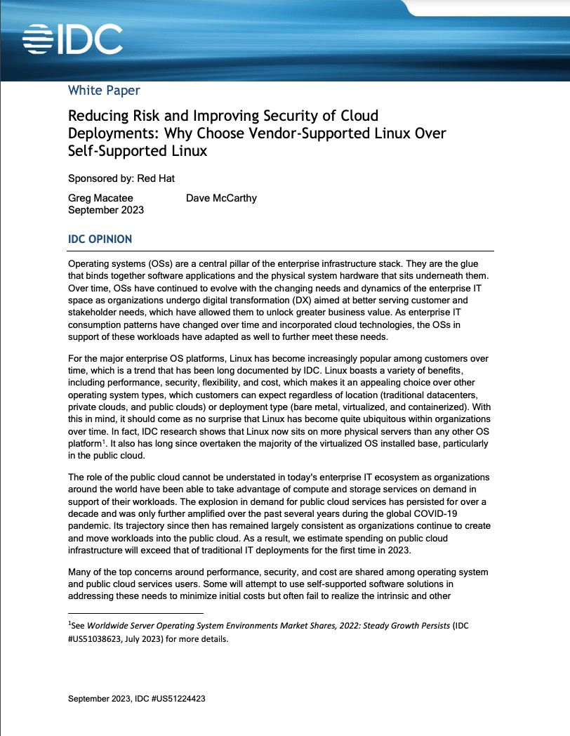 Reducing Risk and Improving Security of Cloud Deployments: Why Choose Vendor- Supported Linux Over Self-Supported Linux